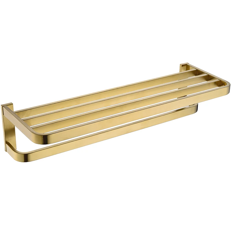 

Bathroom Shelf 2 Tier Brushed Gold Towel Rack Wall Mounted Towel Bar Clothes Hanger Luxury Square Style Gold Color