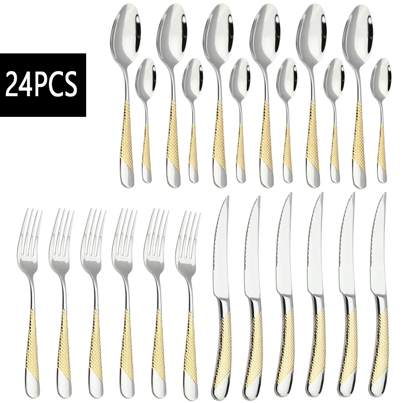 

24Pcs Luxury Dinnerware Set 18/10 Stainless Steel Cutlery Set Kitchen Knife Fork Spoon Silverware Dinner Set Dishwasher Safe