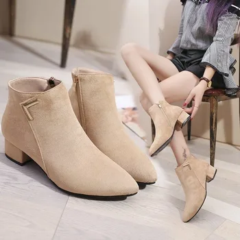 

2020 Fashion Women Boots Casual Leather Low High Heels Spring Shoes Woman Pointed Toe Rubber Ankle Boots Black Red Zapatos Mujer