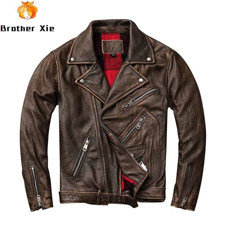 

Men's Vintage Genuine Cowhide Leather Jacket with Zippers Belt Slim Motorcycle Biker Real Leather Jacket Male R3090