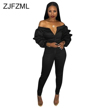 

Sexy Ruched Black Playsuit Women Off Shoulder Low-Cut Bandage One Piece Jumpsuits Clubwear Backless Long Sleeve Skinny Overall