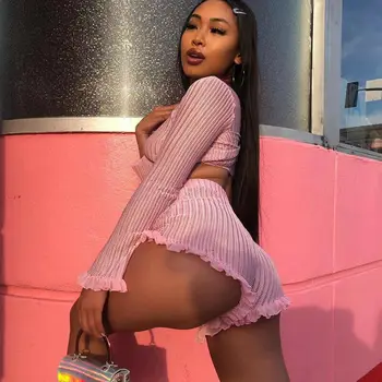 

Fashion New Hot Women 2 Piece Knit Outfits Sets Long Sleeve Deep V Crop Top Hot Shorts Clothes Set Sexy Party Clubwear Costumes