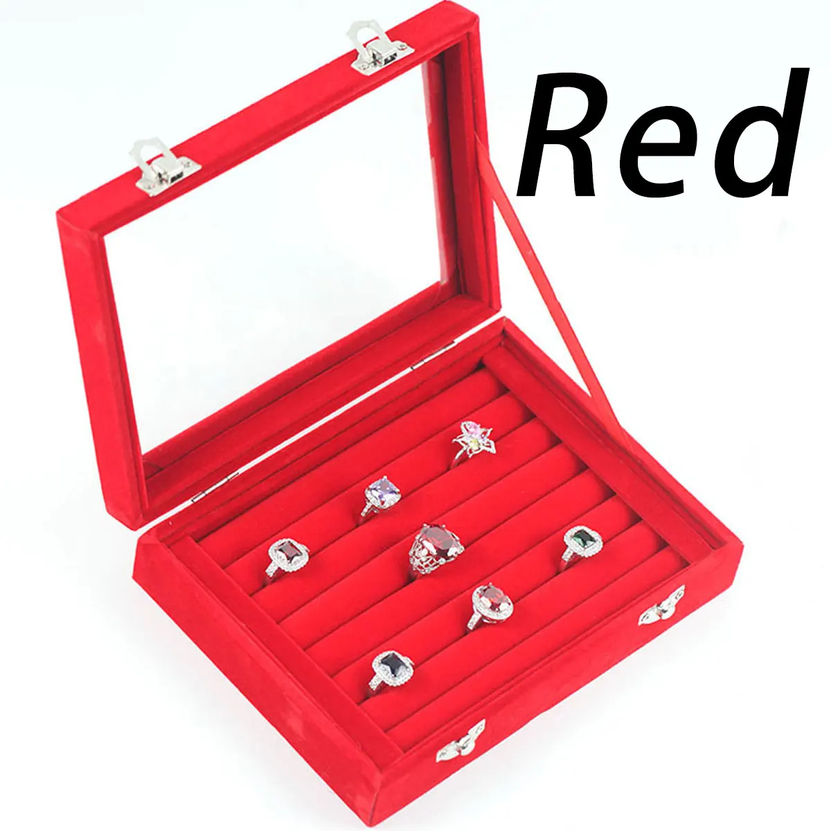 Портативный бархатное ювелирное кольцо серьги вставка дисплей запонки органайзер коробка деревянный плоский штабелируемый лоток держатель витрина для хранения - Цвет: Красный