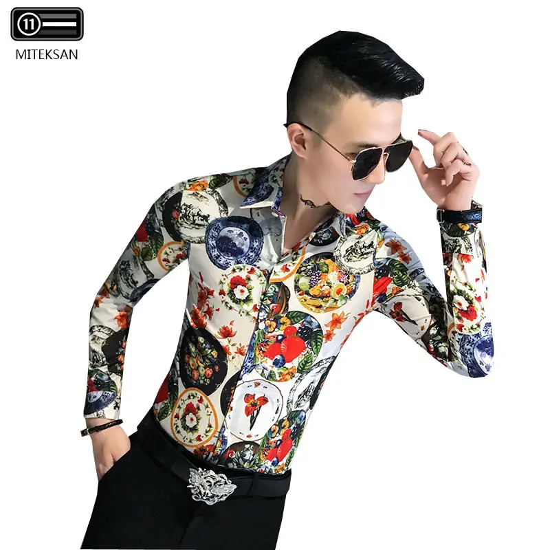 

New Design Spring Casual Men Shirt Retro Printed Slim Long Sleeve Shirts Men Social Party Shirt Cool Boy Tops Large Size M-3XL