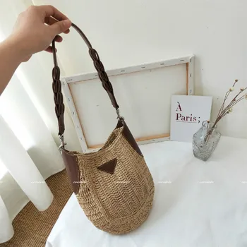 

2020 New Texture Split Leather Seaside Holiday Style Woven Shoulder Handbag Fashion Simplicity Handmade Straw Bag Louie Vuiton