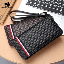 BISON DENIM, модный длинный кошелек из воловьей кожи, мужской клатч на молнии, мужской кошелек, держатель для телефона, Длинный кошелек для монет, N8198-1