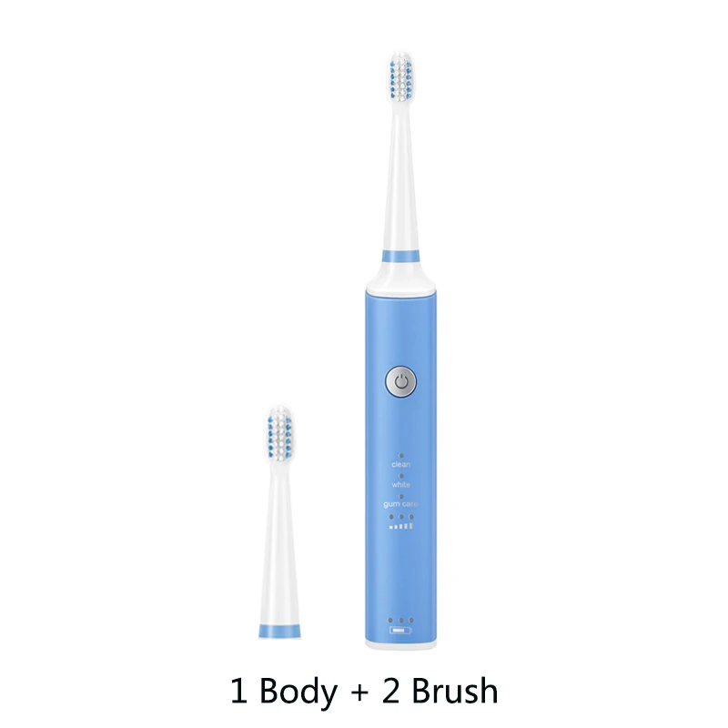 Звуковая перезаряжаемая электрическая зубная щетка с 2 сменными головками, таймер на 2 минуты и 3 режима чистки, водонепроницаемость IPX7 - Цвет: Синий