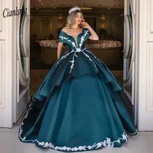Великолепное темно-зеленое сатиновое бальное платье с открытыми плечами бальное платье Бальные платья вышивка с короткими рукавами милые 16 платья для выпускного вечера