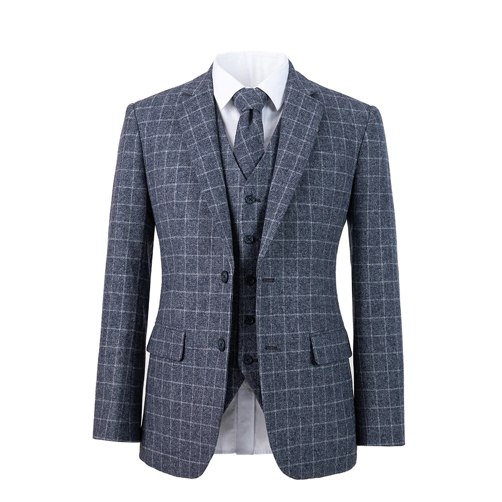 

Wool woolen Blue windownpane tweed men suit tailored made men Retro woolen suit blazer 3pcs suit