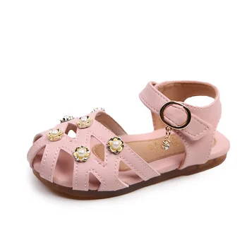 

Little Girls Kids Toddler Shoes Summer Children's Princess Pearls Covered-toes Beach Sandals Casual Rhinestone Hollow Soft Flats