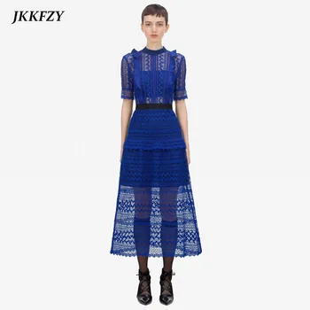

Self-Portrait Blue Hollow Out Half Sleeve Casual Midi Dress 2020 Spring Summer Elegant Slim Birthday Party Dress Vestidos