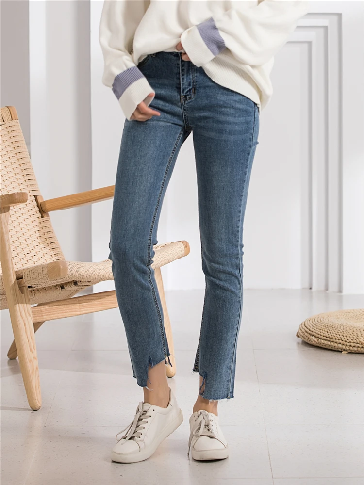 Colorfaith женские джинсы Асимметричная с высокой талией длиной до щиколотки Брюки Винтаж Синий корейский Стиль Уличная джинсы J8699
