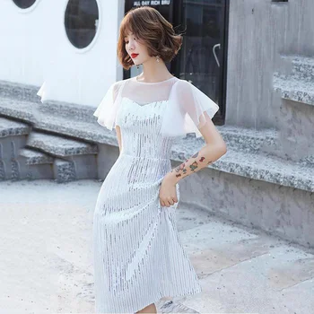 

Exquisite Bling Sequins Evening Party Dress Qipao Elegant White Mesh Sleeve Bridal Wedding Dress Sexy Lady Robe De Soiree