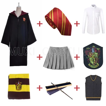 

Free Shipping Gryffindor Hermione Granger Cosplay Robe Cloak Skirt Sweater Shirt Scarf Tie Wand Badge Harris Costume