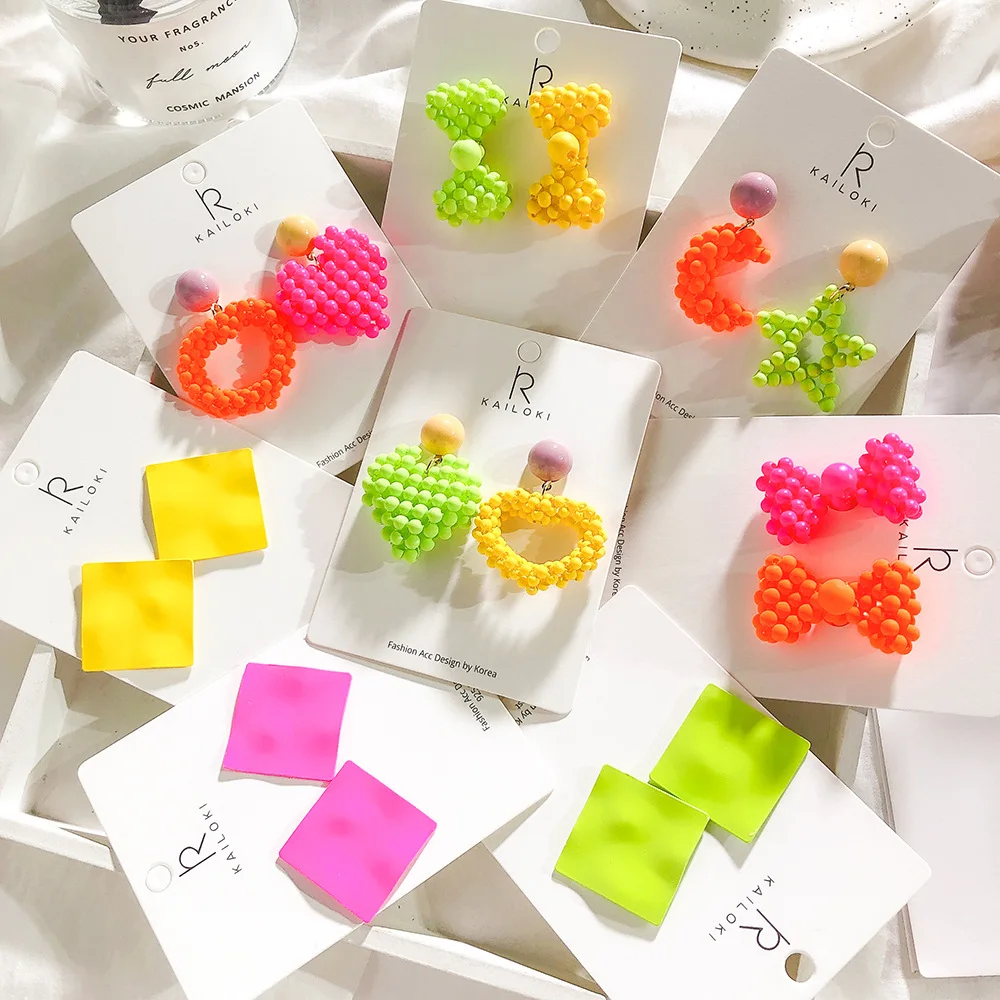 

HZ 2019 Korea Exaggeration Fluorescent Color Irregular Geometric Star Moon Colorful Bow Asymmetry Stud Earrings for Women Girls