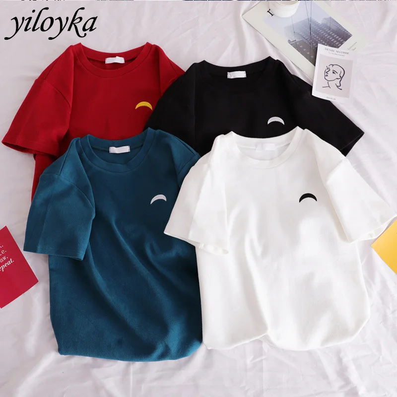 Женская футболка с вышитой луной ulzzang harajuku Корейская короткими рукавами Новинка