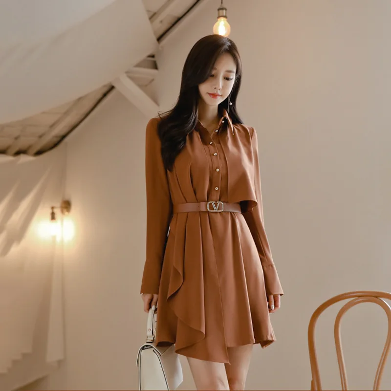 

Autumn Elegant Vintage Turn-down Collar Long Sleeve Dresses Women Bodycon Bandage Sexy Party Asymmetrical Shirt Dress Vestidos