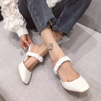 

2020 New Brand Women Mules Sandal Shoes High PVC Transparent Heel Square Toe Slipper Shallow Slip on Outsides Slides Shoes