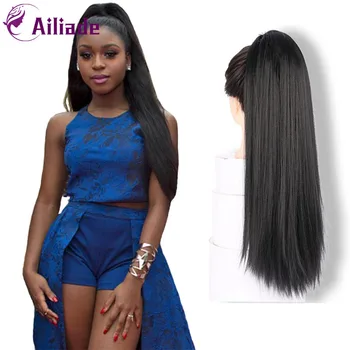 

AILIADE 20 Inch 50cm Long Yaki Synthetic Ponytail Drawstring Black Ponytail with Clips in High Puff Ponytail Hair Extensions