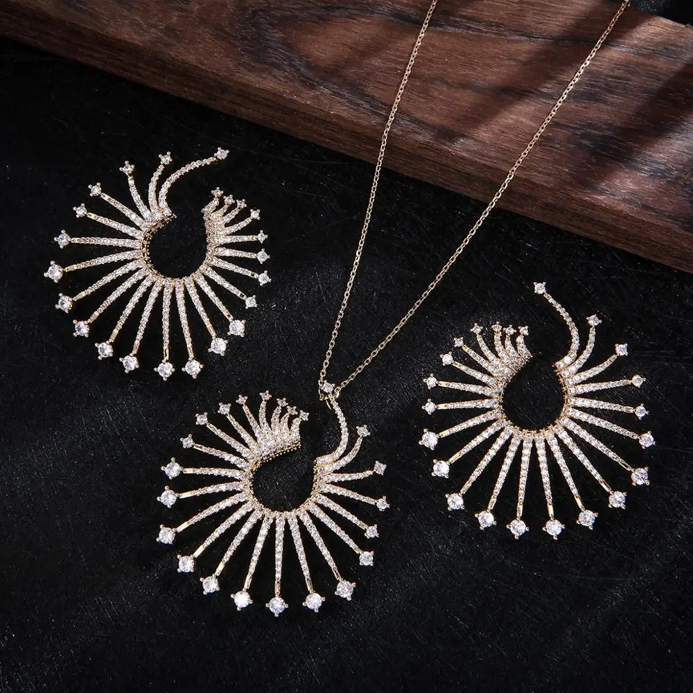 NEW Luxury Firework Pendant Lover's Cubic Zircon CZ Jewelry sets For Women Wedding Dubai Gold Bridal Sets D1425 | Украшения и