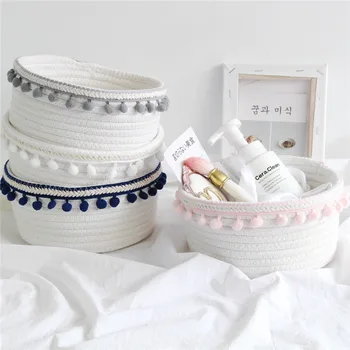 

Cotton Rope Handmade Woven Storage Baskets With Pompom Dirty Clothes Laundry Basket Kids Toy Desktop Sundries Organizer Hamper
