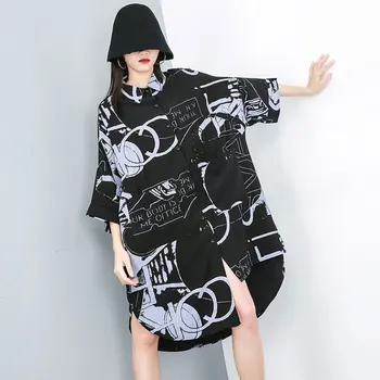 

Women 2020 Spring New Irregular Patchwork Print Shirt Dress Loose Lapel Half Batwing Sleeve Split Mini Dress Big Size Tide