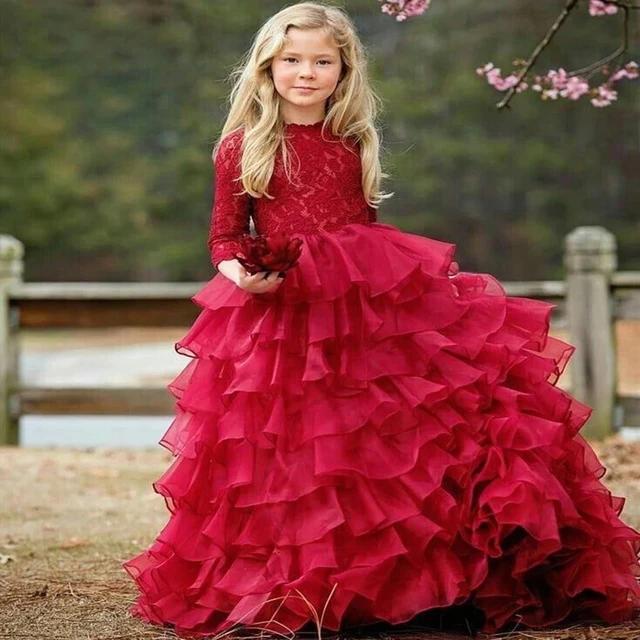 Red Lace Children Princess Dress Beauty Pageant Dress Puffy Flower Girl