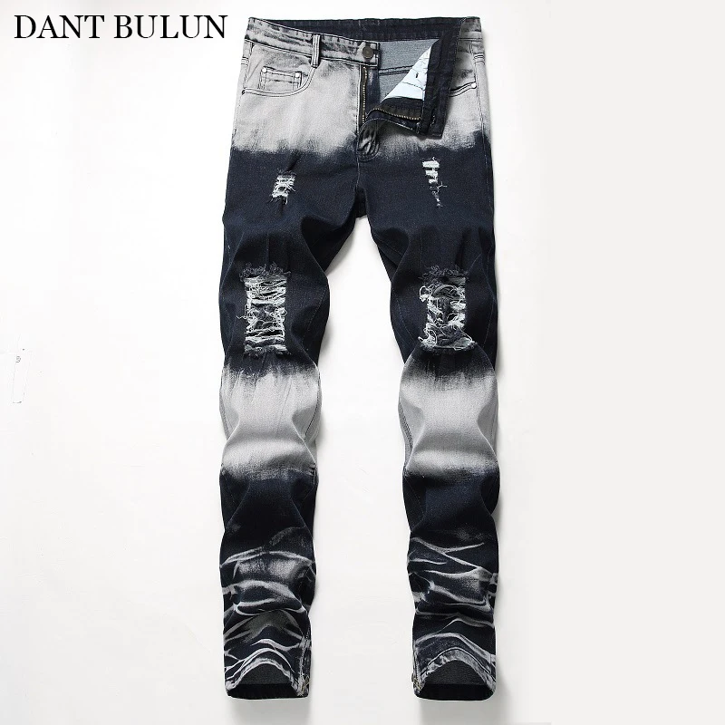 Distressed Jeans For Men Ripped Hole Pants Stretch Slim Denim Biker Jeans Hombre Baggy Straight Casual Trousers Streetwear Pants