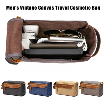 

Men Travel Toiletry Bag Canvas Leather Makeup Shaving Storage Pouch with Side Handle Grip H66