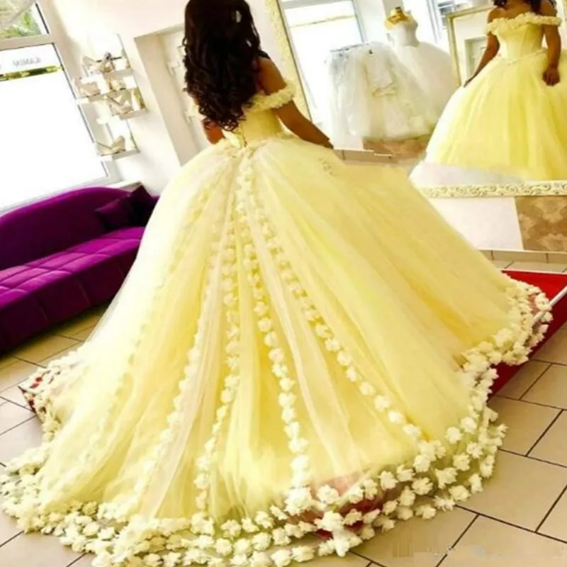 Элегантные платья Quinceanera желтого цвета с открытыми плечами 3D Цветочные аппликации бальные платья новое поступление сладкий 16 Платье Дешевое выпускное платье