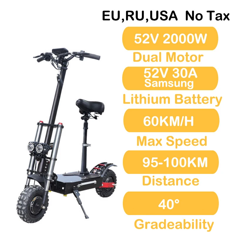 No Tax 60V3200W 11 дюймов электрический скутер 100-110 км Расстояние 70 км/ч Складной электрический самокат мощный взрослый Escooter - Цвет: 2000w52v30awithseat