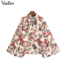 Vadim women vintage floral print blouse bow tie flare sleeve shirts female retro casual sweet tops blusas mujer LB742