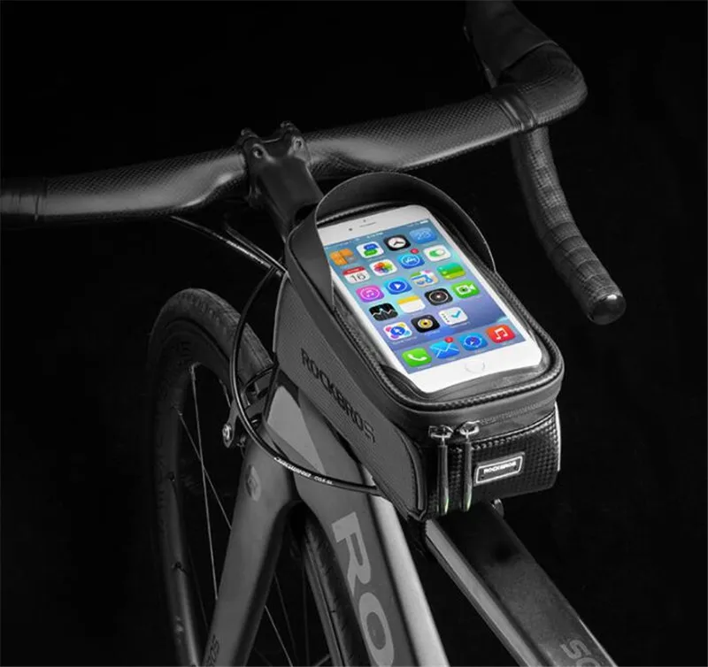 ROCKBROS MTB дорожный велосипед сумка черная водонепроницаемая сумка для велосипеда 6,0 тачскрин Велоспорт Передняя труба сумка чехол для телефона Аксессуары для велосипеда