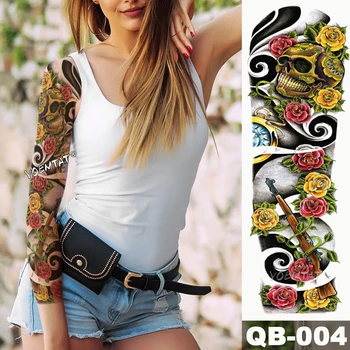 

New 1 Piece Temporary Tattoo Sticker Skull rose clock Tattoo with Arm Body Art Big Sleeve Large Fake Tattoo Sticker