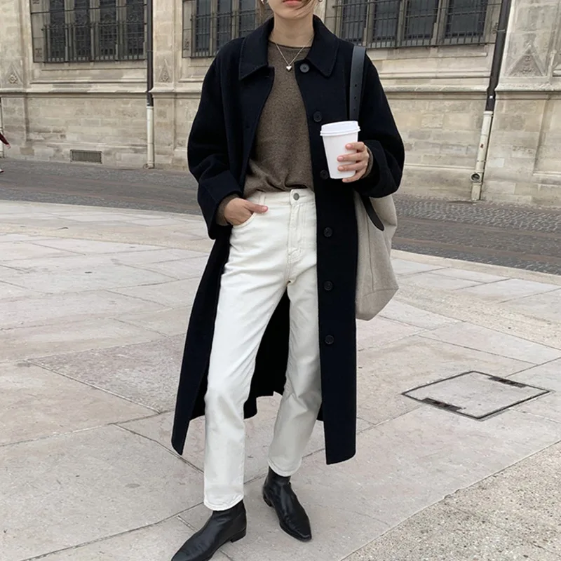 

Stylish Elegance High and Feel Double-sided Handmade Wool Coat Women 2019 Long Adjustable Waist Pockets black coat women