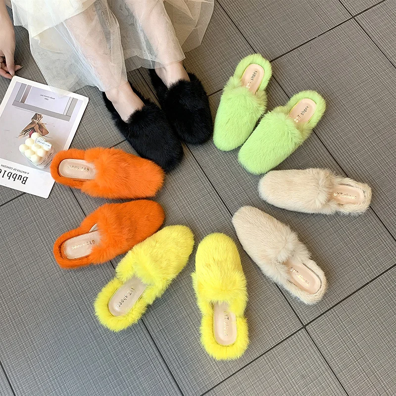 

Shoes Woman 2019 Slippers Fur Multicolored Sandals Low Luxury Slides Flock Plush Soft New Flat Designer Rome Basic with