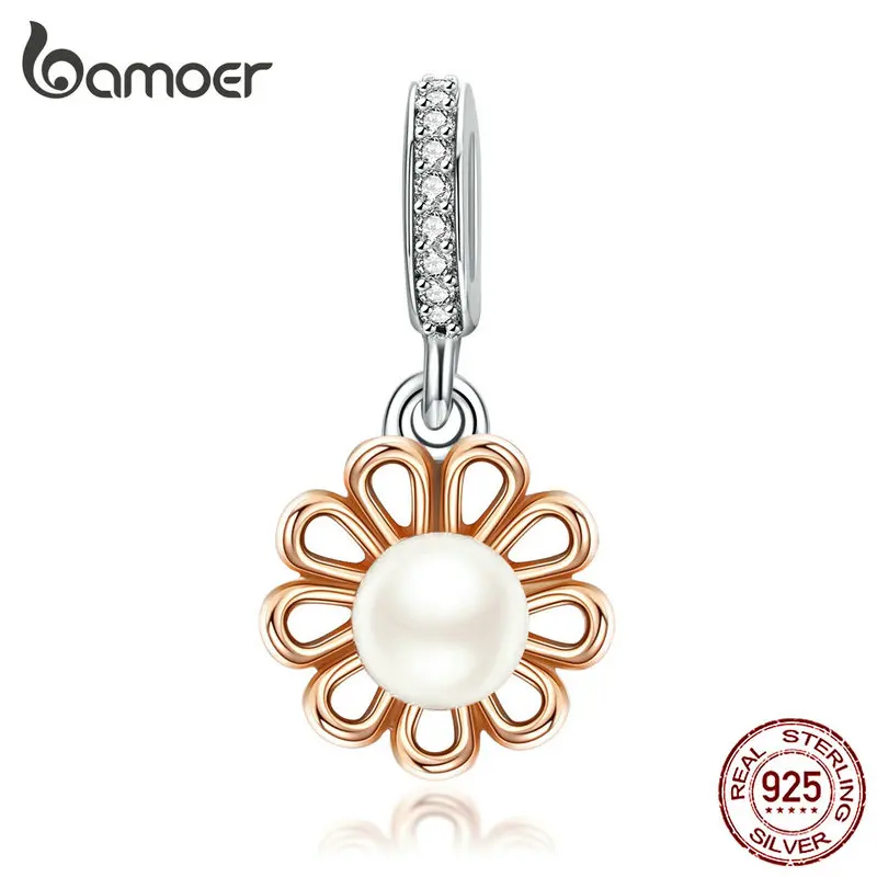 

bamoer Shell Pearl Flower Pendant Charm for Women Bracelet or Bangle 925 Sterling Silver Rose Gold Pated Jewelry SCC1268
