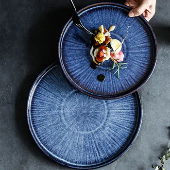 

KINGLANG Blue Color Ceramic Tableware Home Plate Steak Plate Breakfast Large Kiln Dish Plate