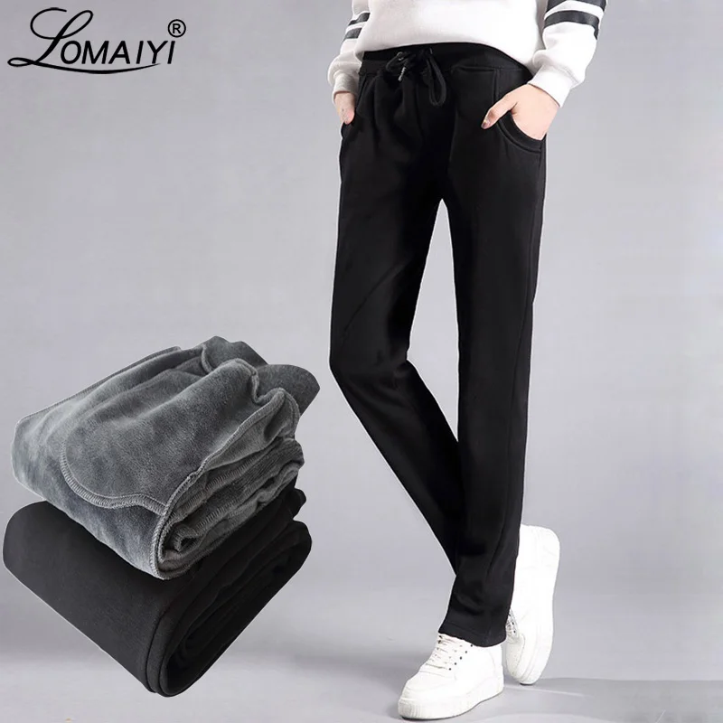 Warm-Pants Womens Trousers Fleece Winter Black Female Plus-Size LOMAIYI Cotton for Korean