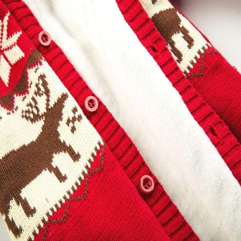 Зимний утепленный комбинезон с капюшоном для маленьких мальчиков и девочек, вязаные свитера для новорожденных, комбинезон с рождественским оленем, Одежда для младенцев 0-18 месяцев
