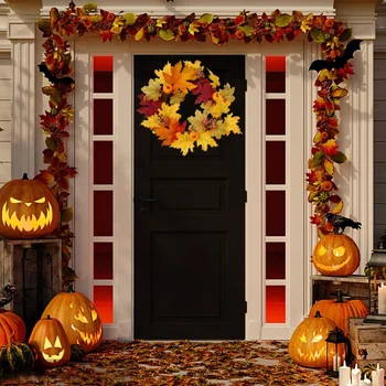 

Halloween Pumpkin Wreath Decoration Red Berries Maple Leaf Harvest Rattan Garland Artificial Front Door Home Wreath Decoration