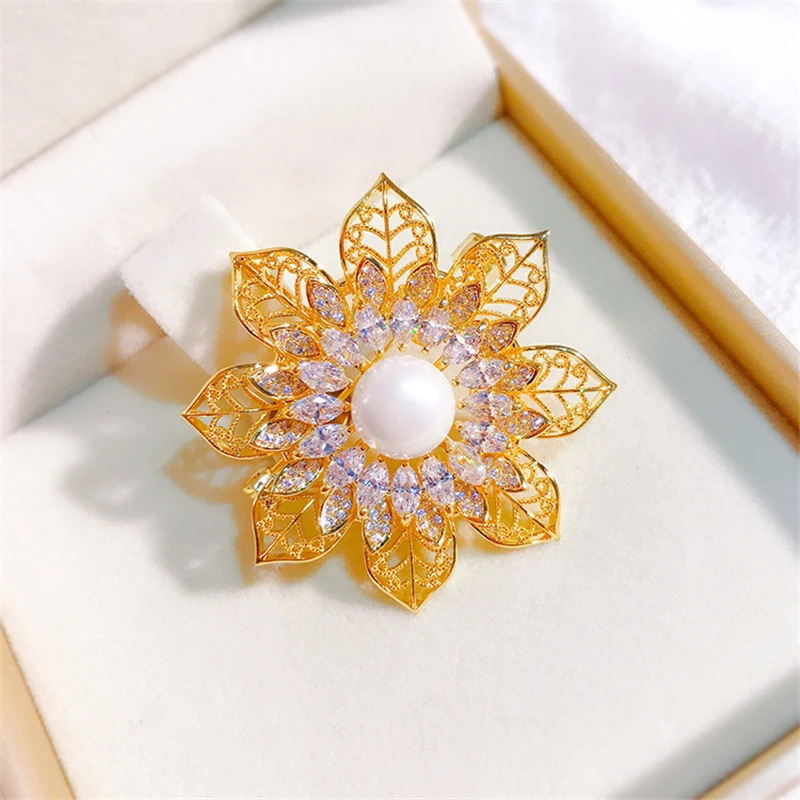 

Exquisite High Quality Pearl Flower Brooches for Women Gift Copper Zircon Sunflower Brooch Pin Fashion Accessories Gold broche