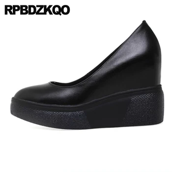 

genuine leather shoes women platform slip on super wedge extreme high heels black pumps round toe ultra hidden size 33 casual