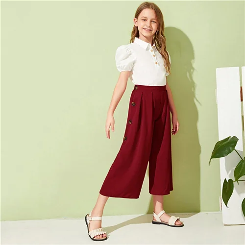 SHEIN Kiddie Girls Solid Button Side Pleated Palazzo Casual Pant Kids Bottom Summer High Waist Teenagers Loose Pants - Цвет: Burgundy