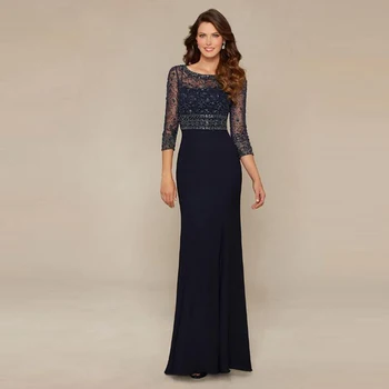 

Gorgeous Dark Navy Chiffon O Neck Beading Bodice Mother of the Bride Dresses With Three Quarter Sleeves Wedding Guest Gowns 2020