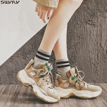 

SWYIVY Chaussures Femme Chunky Sneakers Women Genuine Leather Casual Shoes Woman New 2020 Spring Solid Wedges Shoes For Women 35