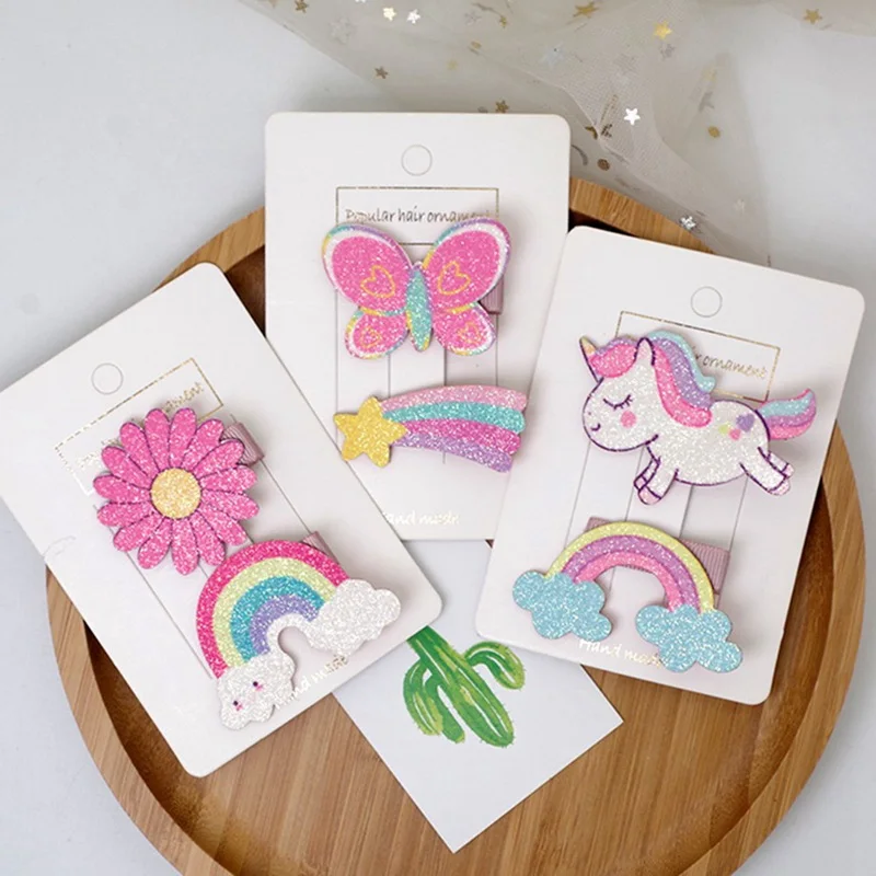 

2Pcs/Set New Cartoon Hair Clips For Children Unicorn Rainbow Hairpins Girls Candy Color Bow Flower Hairgrips Kids Hair Accessory
