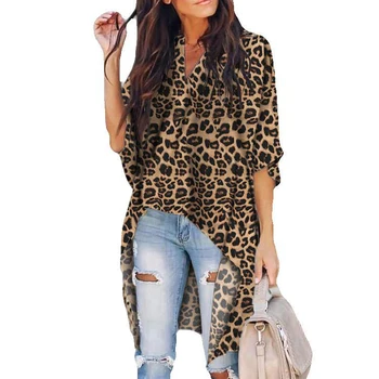 

2019 New Style Women's Casual V-Neck Blouse Half Flare Sleeve Long Shirt Ladies Irregular Leopard Print Tops and Blouse Summer