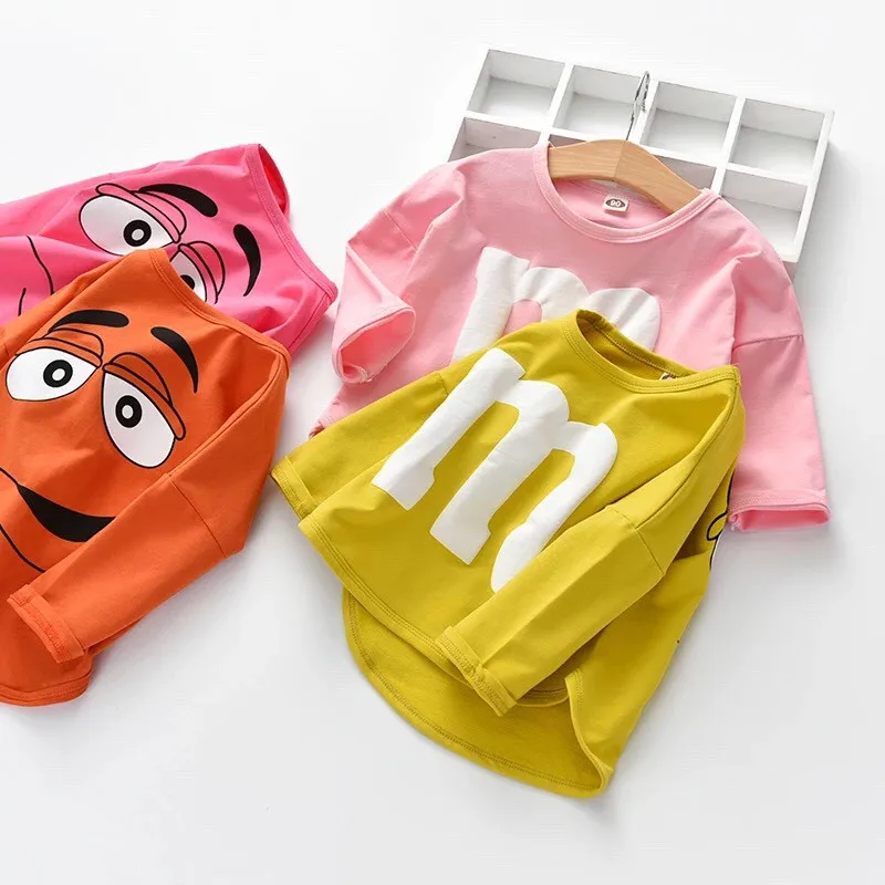 Модная одежда для маленьких мальчиков и девочек карамельные цвета, футболка для девочек хлопковая футболка с длинными рукавами и рисунком, детская одежда