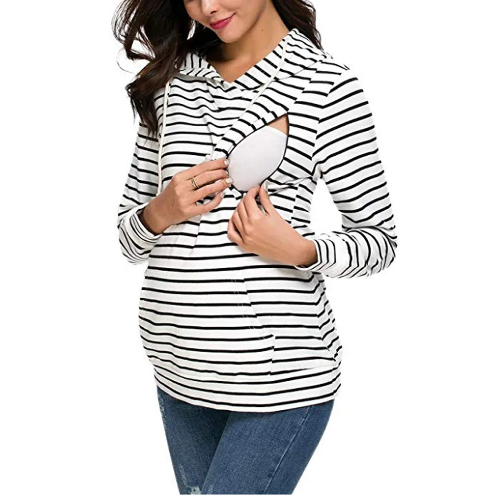 Euro Stripes Hoodies Sweatshirts Women Maternity Nursing Pullover Breastfeeding For Pregnant Women Mother Breast Feeding Tops